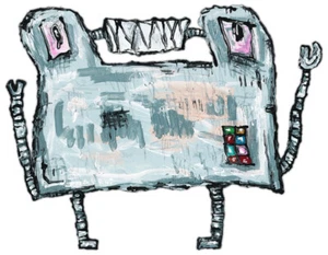 Original JUSTIN AERNI Painting circa 2014 surreal pop art robot : HAPPY-BOT - Picture 1 of 1