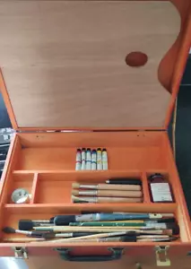 Vintage Wooden Travel Art Box w/ 6 Grumbacher paints and Large lot Brushes - Picture 1 of 8