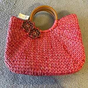 Ann Taylor Woven Straw Satchel Tote Bag Pink Double Wood Handle Beads Lined - Picture 1 of 15