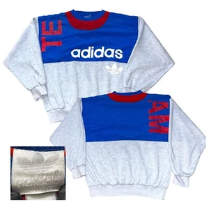Vntg 80s Team Adidas Trefoil Spell Out Color Blocked Grey and Blue L Sweatshirt - Picture 1 of 13