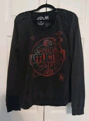 Affliction American Customs Sweatshirt Women’s Sz XL Black Red & Rhinestones  - Image 1 of 4