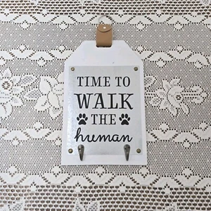 Time To Walk The Human Hundeleine Wandrelief Haken Gurt Aufhänger Holz wie Zitat - Bild 1 von 10