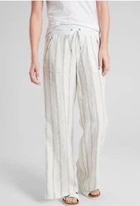 Athleta Pants Womens White Stripped Wide Leg Linen Travel Casual Size 14 - Picture 1 of 14