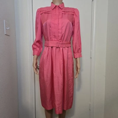 VTG 70s 80s Leslie Fay Hot Pink Barbiecore Dress Petites Size 12 Secretary Belt - Image 1 of 4