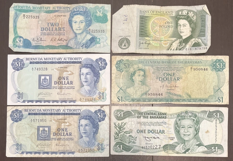 Bermudas Reina Isabel II 1978 $1 1989 $2, Bahamas 1974 $1, INGLATERRA £1. 6 billetes Foto 1 de 2