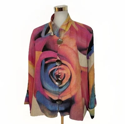 Chaqueta Topper Caroline Rose Talla Grande Colorido Grande Rosa Estampado Floral Lino Foto 1 de 4