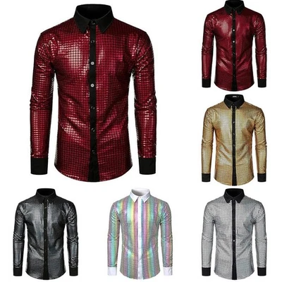 Fashion Sequins Glitter Shirt Mens 70s Disco Party Costume Performance Shirt - Image 1 of 4