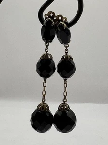 Vintage Lewis Segal California Dangle Earrings Drop Black Faceted Clip On - Picture 1 of 3
