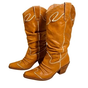 VERY VOLATILE Cowboy Boots 7 Slouchy Gold Detail Mid Calf Retro Rodeo Rawhide - Picture 1 of 10