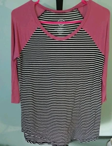 Damen-T-Shirt zweifarbig rosa & schwarz gestreift 3/4 Ärmel Größe Small  - Bild 1 von 4