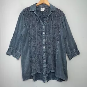 Top Prezzemolo & Sage taglia XL blu denim artistico ricamato boho western con bottoni - Foto 1 di 9