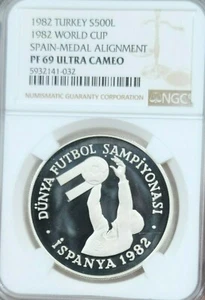 1982 TURKEY SILVER 500 LIRA FIFA WORLD CUP NGC PF 69 ULTRA CAMEO RARE TOP POP 1 - Picture 1 of 4