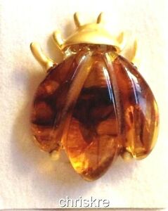 Vintage Gold Honey Amber Beetle Pin Brooch Bug Brown Insect Simulated Plated