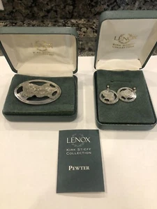 Signed Kirk Stieff Pewter Silver Tone Floral Dangle Pierced Earrings & Broach - Picture 1 of 10