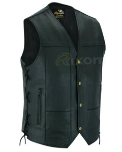 Bikers Leather Waistcoat Zipped Side Laces Vest Motorcycle Genuine Leather Vest - Picture 1 of 6