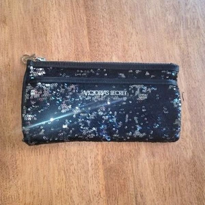 Victoria's Secret Clutch Evening Bag-Black Sequins Silver Accents 2 Zip Pockets - Picture 1 of 4