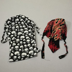2 Biker Headwraps Danbanna Deluxe Du-Rag Cap Doo Rag - PAIR - Fire Flames Skulls - Picture 1 of 5