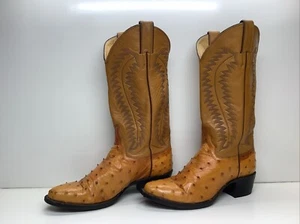 VTG WOMENS JUSTIN COWBOY OSTRICH SKIN ORANGE BROWN BOOTS SIZE 8 B - Picture 1 of 10