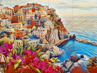 Mosaic Ceramic Panel of Cinque Terre Italy Backsplash Tile Mural Wall Art - Image 1 of 4