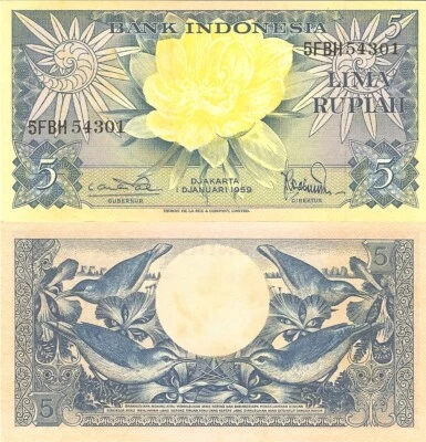 Indonesia P65, 5 Rupiah, flower / sunbirds 1959, Uncirculated - Image 1 of 2