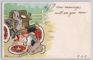 Postcard Man Fixing Tire Broken Carriage If I Can Manage Will See You Soon - Picture 1 of 3