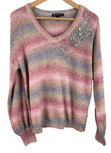 INC Womens Size M Pink Variegated Rhinestone Embellished Sweater - Picture 1 of 14