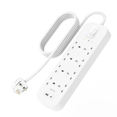 Belkin Surge Protector Power Strip - 8 AC Outlets - USB-A & USB-C ports- 2M Cord - Image 1 of 4