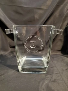 Crystal Square Ice Bucket France Etched Silver Laurel Wreath & Gothic Letter 'T' - Picture 1 of 12