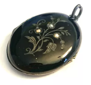 Antike viktorianische Samenperlen Blume trauernde Onyx Emaille Foto Medaillon Anhänger - Bild 1 von 9