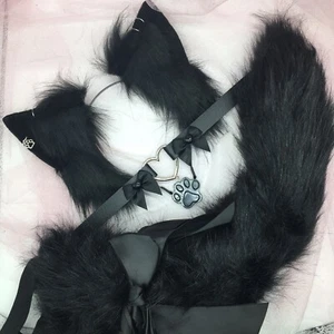 Disfraz Negro Cosplay Gatito Gato Diadema Orejas Cola Gargantilla Cuello - Imagen 1 de 2