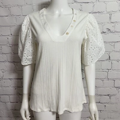Porridge Anthropologie Women’s Blouse M White Ribbed Puff Sleeve Eyelet Accent  - Image 1 of 4