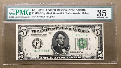 1928B   $5 FRN  ATLANTA    FR. 1952-F DGS [] PMG 35  Ser#  F 16077678 A - Image 1 of 3