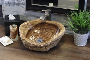 Fregadero de lavabo de baño de piedra de ónix, lavabo de mano de ónix marrón, sellado epoxi - Imagen 1 de 7