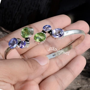 African Amethyst With Peridot Gemstone Bracelet 925 Sterling Silver Cuff Bangle - Picture 1 of 5