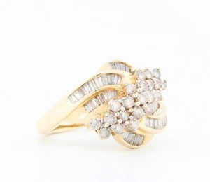 Solid 10ct Yellow Gold Round Brilliant & Baugette Cut Diamond Cluster Ring - Picture 1 of 8