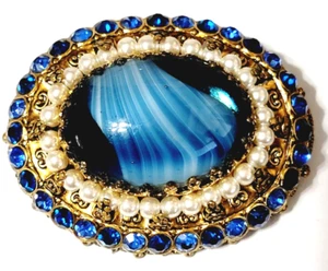 Spilla vintage vetro scorie blu spilla strass 2" ovale vintage tono oro go-21 - Foto 1 di 7