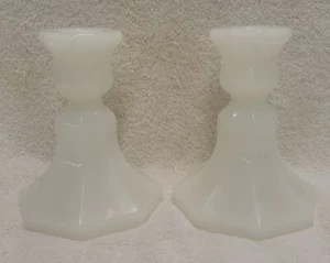 White Milk Glass Taper Candle Stick Candleholders 5" Decorative Set of 2 - Picture 1 of 5