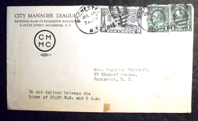 Rochester, NY National Bank ADVERTISING  City Manager League Cover Envelope 1928 - Image 1 of 4