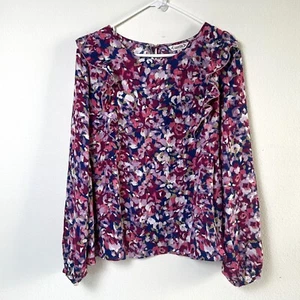 Nanette Lepore Bluse Damen XL Lila Blau Blumen Langarm Rüschen Oberteil Neu ohne Etikett - Bild 1 von 12