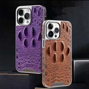 Genuine Leather Case for iPhone 15 Pro Max 14 Retro Crocodile Skull Glossy Frame - Picture 1 of 33