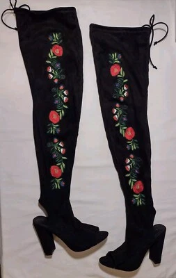 Liliana бедра сапоги 10 * черный с открытым носком и каблуком вышитый искусственной замши цветочный - Изображение 1 из 4