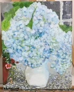 Original Art Painting Blue Hydrangeas Vase Flowers Impressionism Signed Canvas - Picture 1 of 3