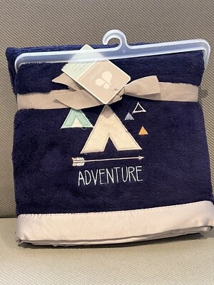 Just Born Adventure Baby Blanket Embroidered Arrow Navy Blue Gray Satin Trim New - Image 1 of 4