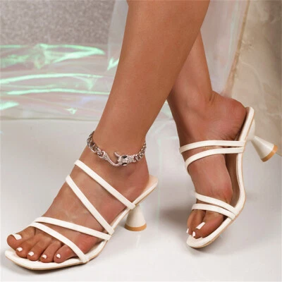 Women's Strappy Heels Sandals Slip On Square Open Toe Wedding Party Dress Pumps - Image 1 of 4