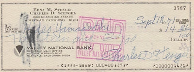 Autographed Casey Stengel check JSA authenticated - Image 1 of 3