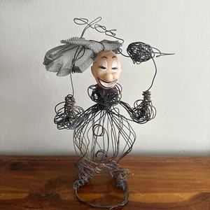 Vintage Folk Art Wire Sculpture Clown Holding Umbrella, Heart - Picture 1 of 12