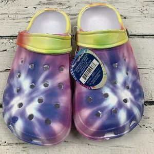 Just Speed [Size 7] Tie Dye Clogs Sandals Slip On Shoes Purple Yellow New - Picture 1 of 6