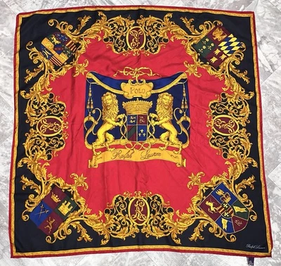 Bufanda vintage Polo Ralph Lauren etiqueta púrpura 100 % seda escudo león Italia *defecto Foto 1 de 4