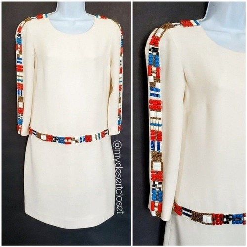 TORY BURCH Abito azteco Tori Burch avorio maniche a 3 4 perline bordato 100% seta al ginocchio