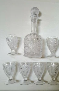 Vintage Clear Cut Glass Stoppered 11.5" Decanter & 6 Matching Glasses Used VGLN - Picture 1 of 12